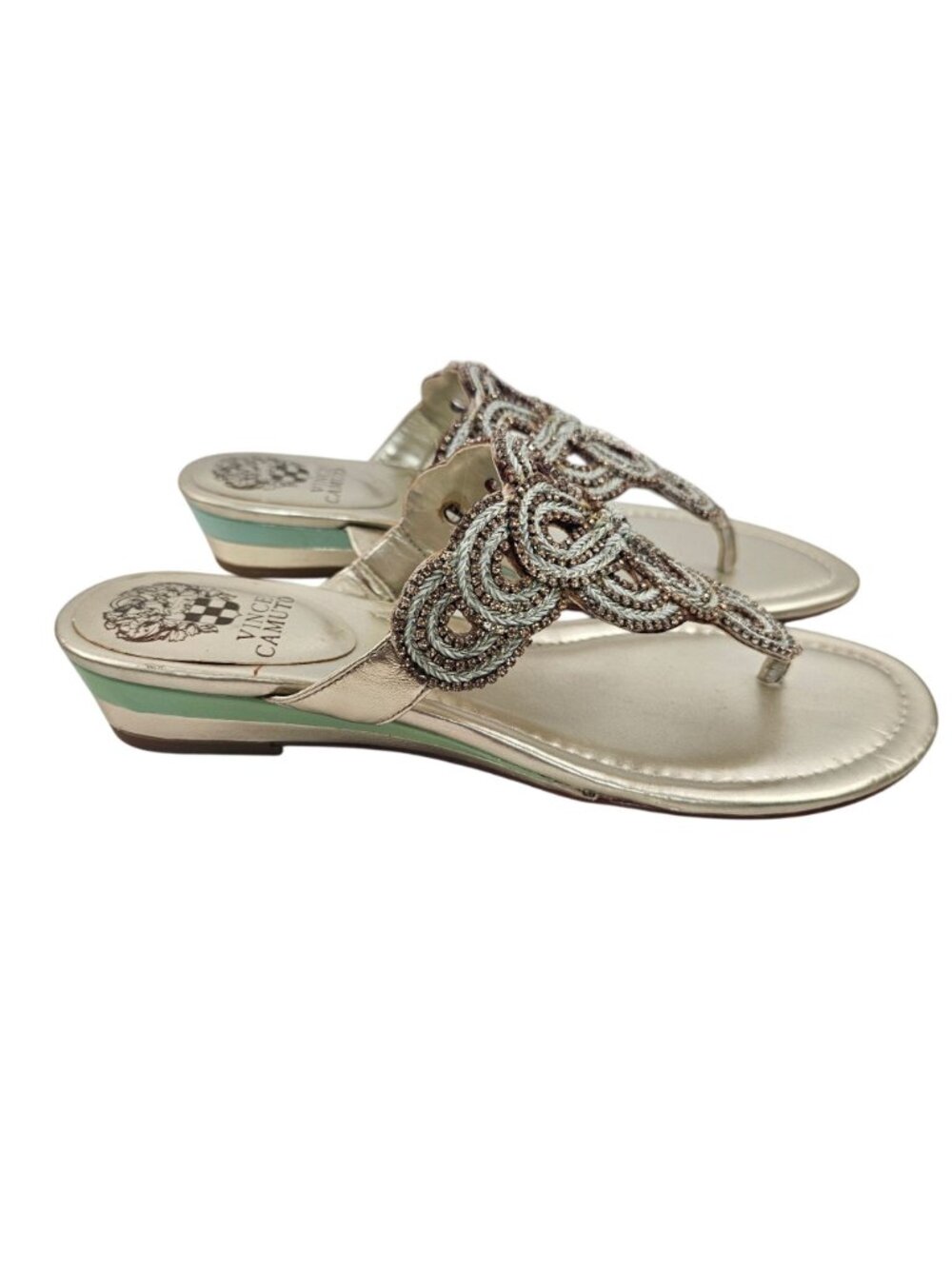 Vince Camuto Sandals Womens Size 7.5 Gold Leather Embellished Slip On Shoes - Picture 6 of 12